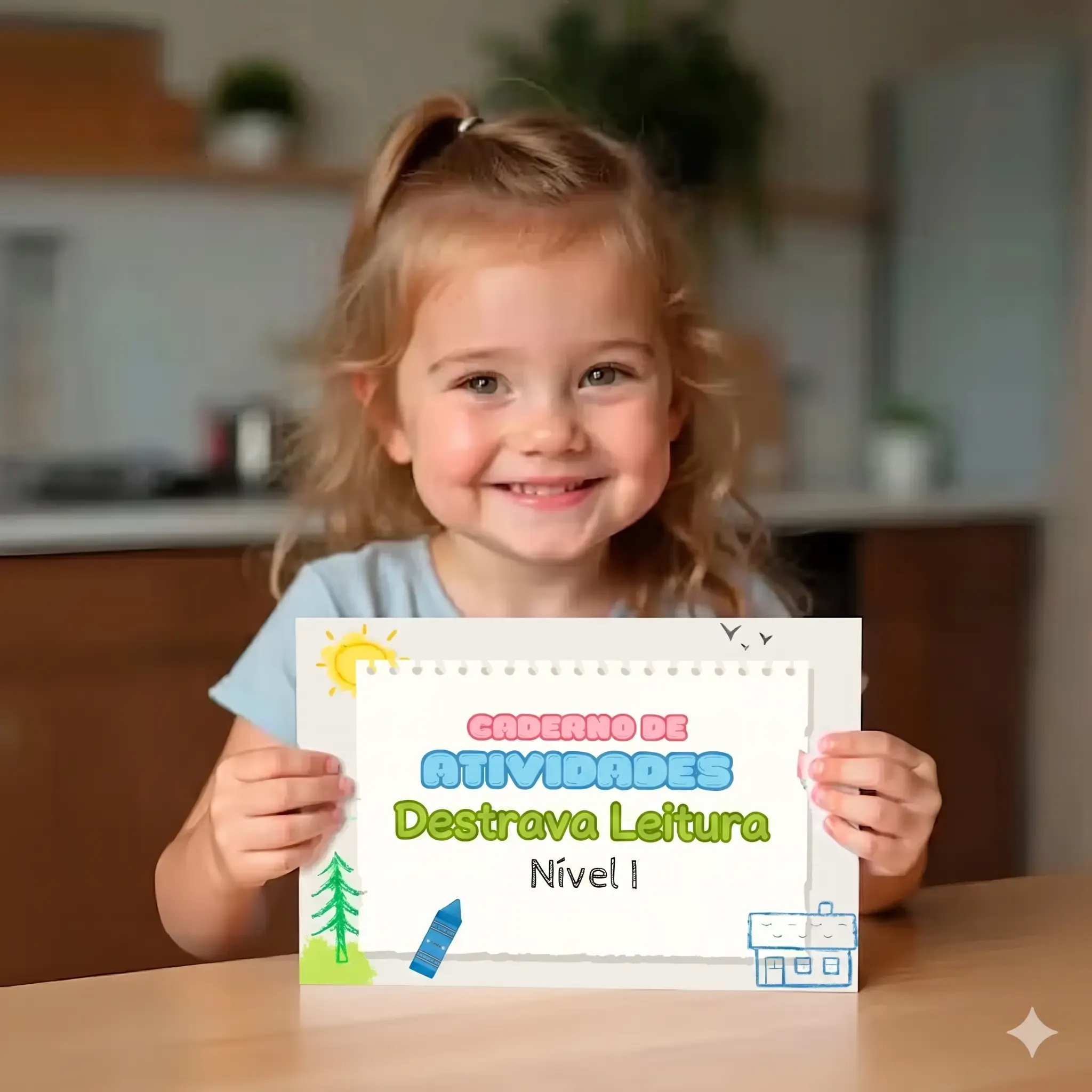 Criança com Caderno de Atividades Destrava Leitura Nível 1